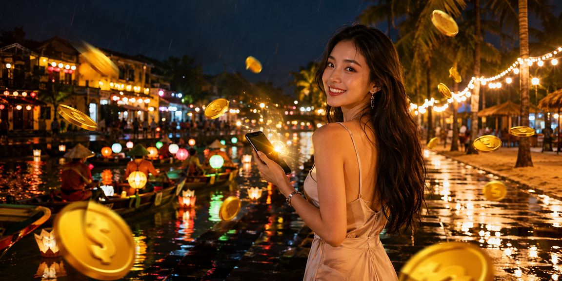Người chơi casino trên điện thoại trong không gian cổ kính Hội An